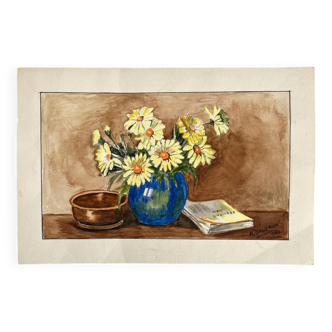 Small watercolor bouquet of yellow flowers signed Gautron 1986