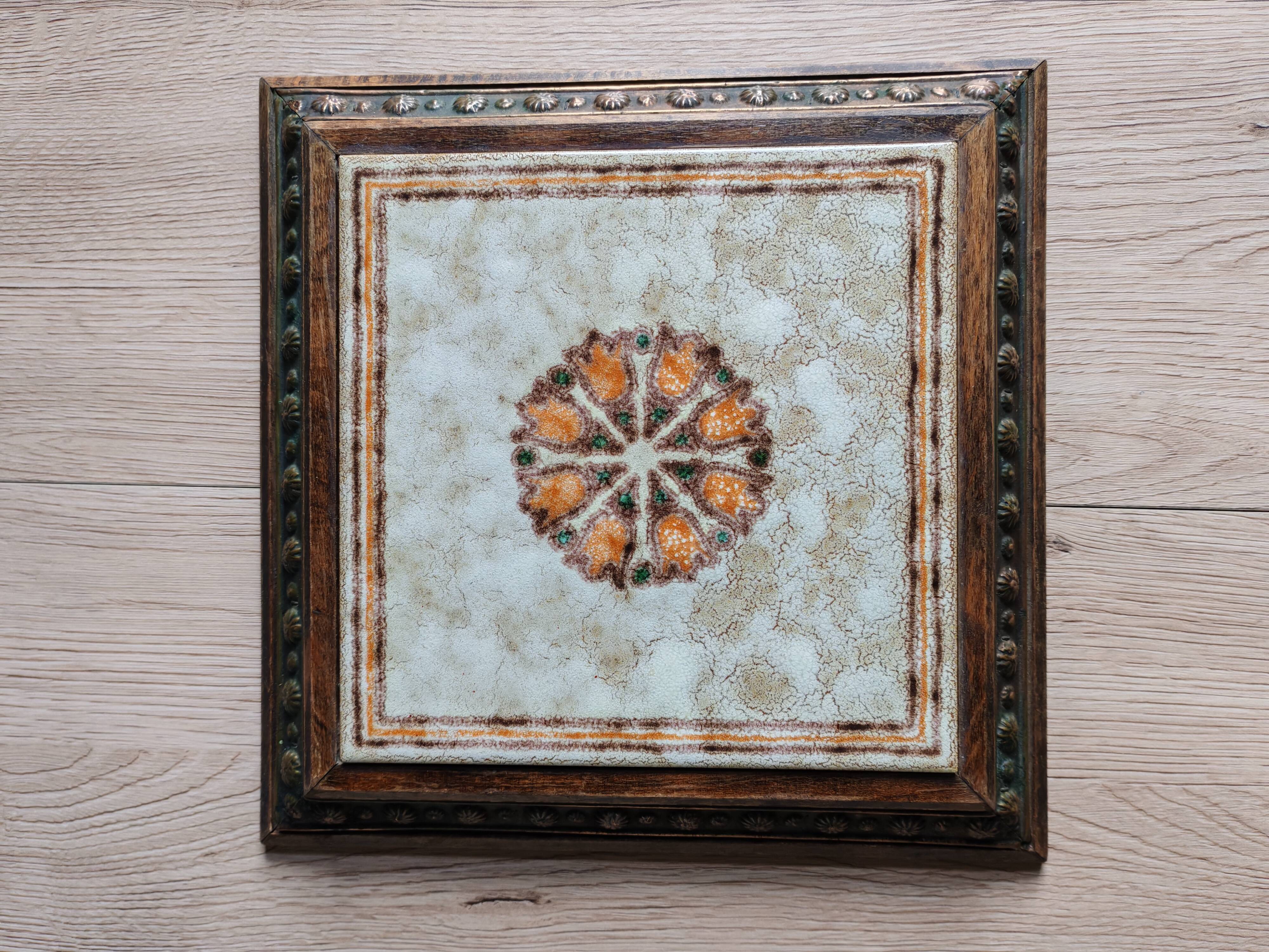 Old Italian Ceramic Trivet and Wooden Frame