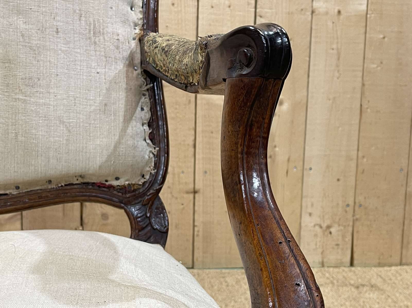 Regency period armchair in 18th century walnut to be reupholstered