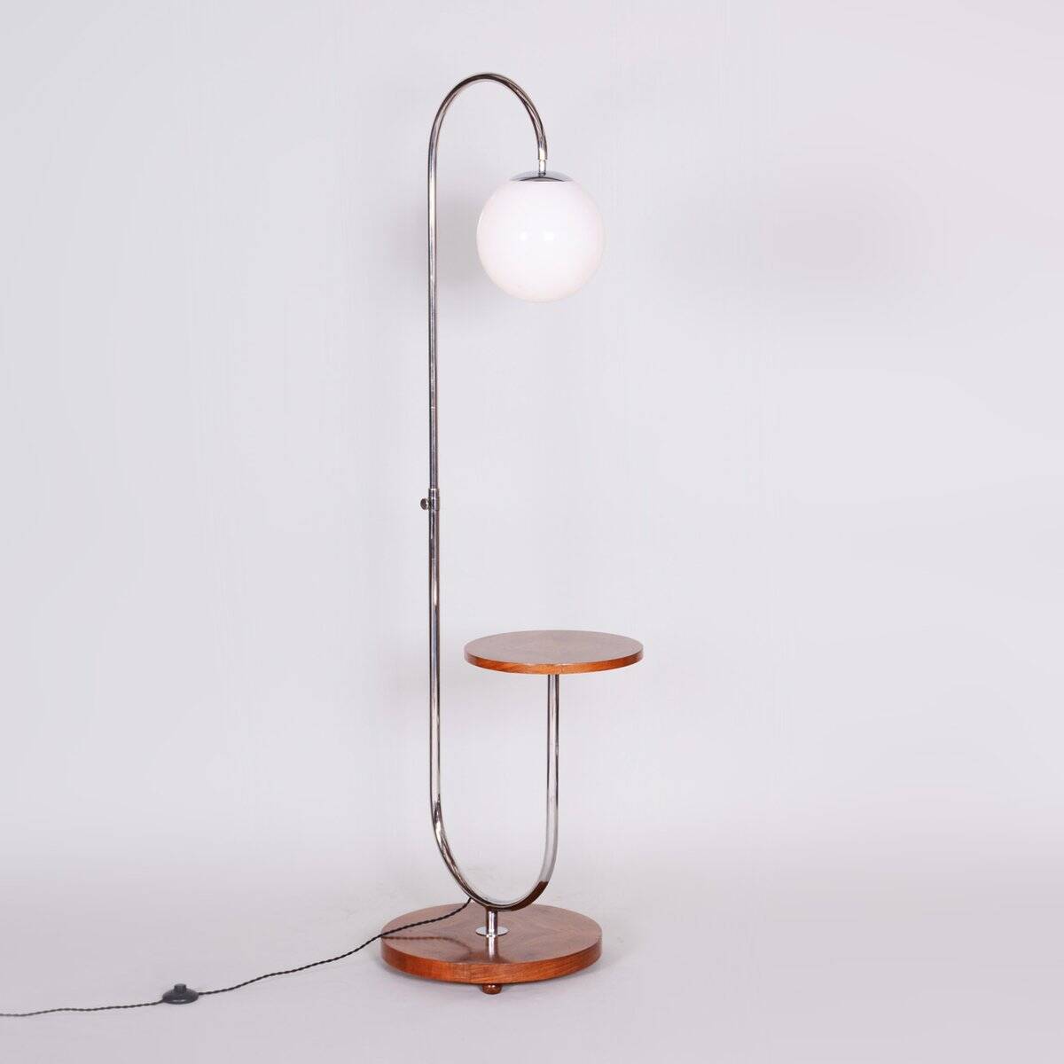 Bauhaus Adjustable Floor Lamp in Walnut and Chrome attributed to R. Slezák, Czech, 1930s