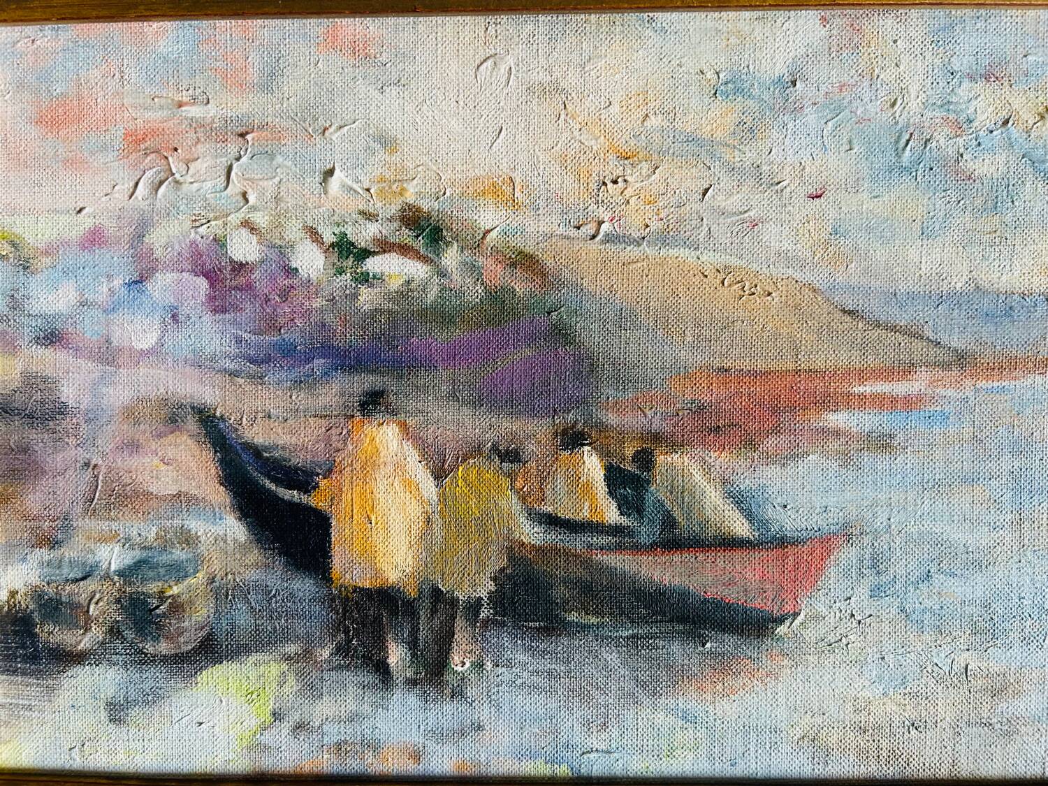 Oil on canvas "The Fishermen and the Doris" by Claude Persini. 20th century.