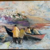 Oil on canvas "The Fishermen and the Doris" by Claude Persini. 20th century.