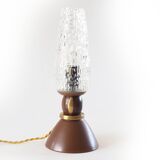 Stoneware, wood and brass lamp