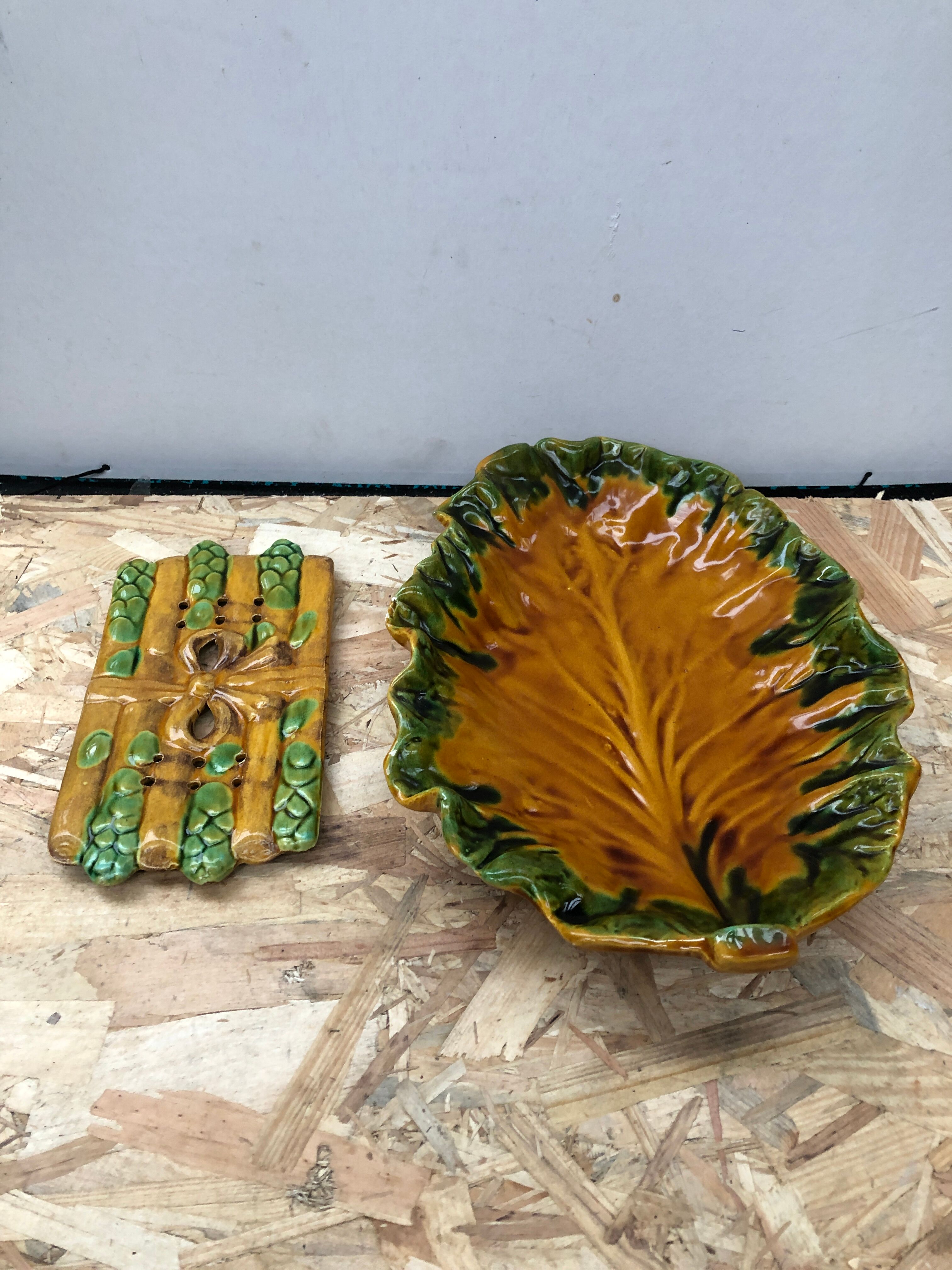 Old asparagus dish vallauris d.m. ceramic green & yellow vintage