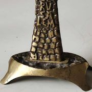 Menorah/Candlestick with 7 light arms. In old gold patinated brass/Decor 12 astrological signs. Engraved Jerusalem. Height 14 cm