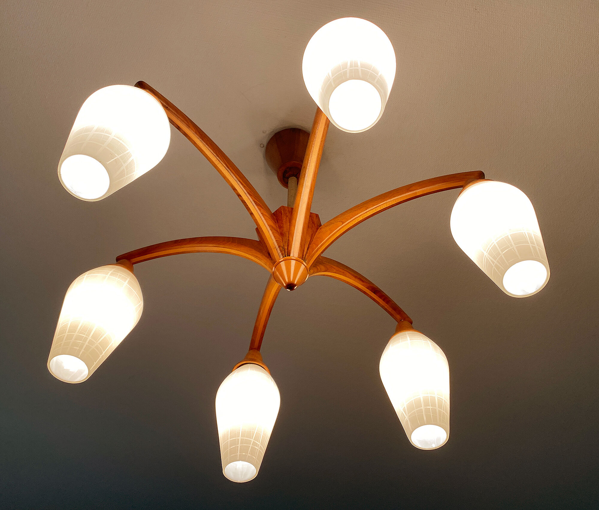 Vintage Pendant Lamp Scandinavian Temde, Wood and Opal Glass, 60s