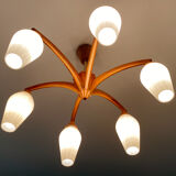 Vintage Pendant Lamp Scandinavian Temde, Wood and Opal Glass, 60s