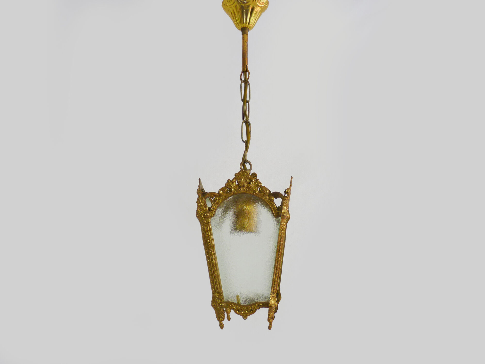 Old lantern with 4 faces in glass, chandelier in gilded bronze and glass, year 60