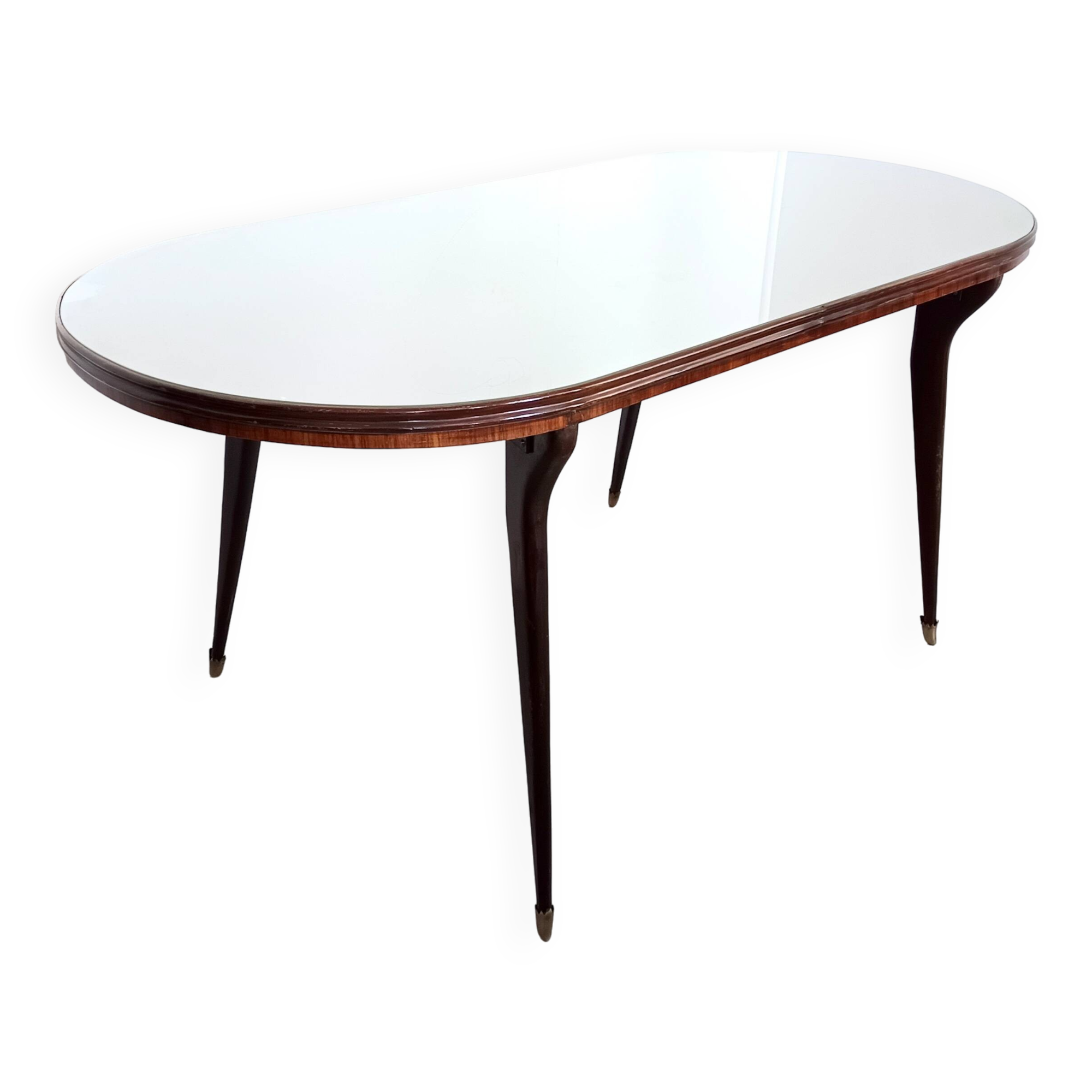 Vintage Beech and Walnut Dining Table with an Oval Gray Glass Top, Italy