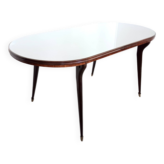 Table à manger vintage en hêtre et noyer avec plateau ovale en verre gris, Italie