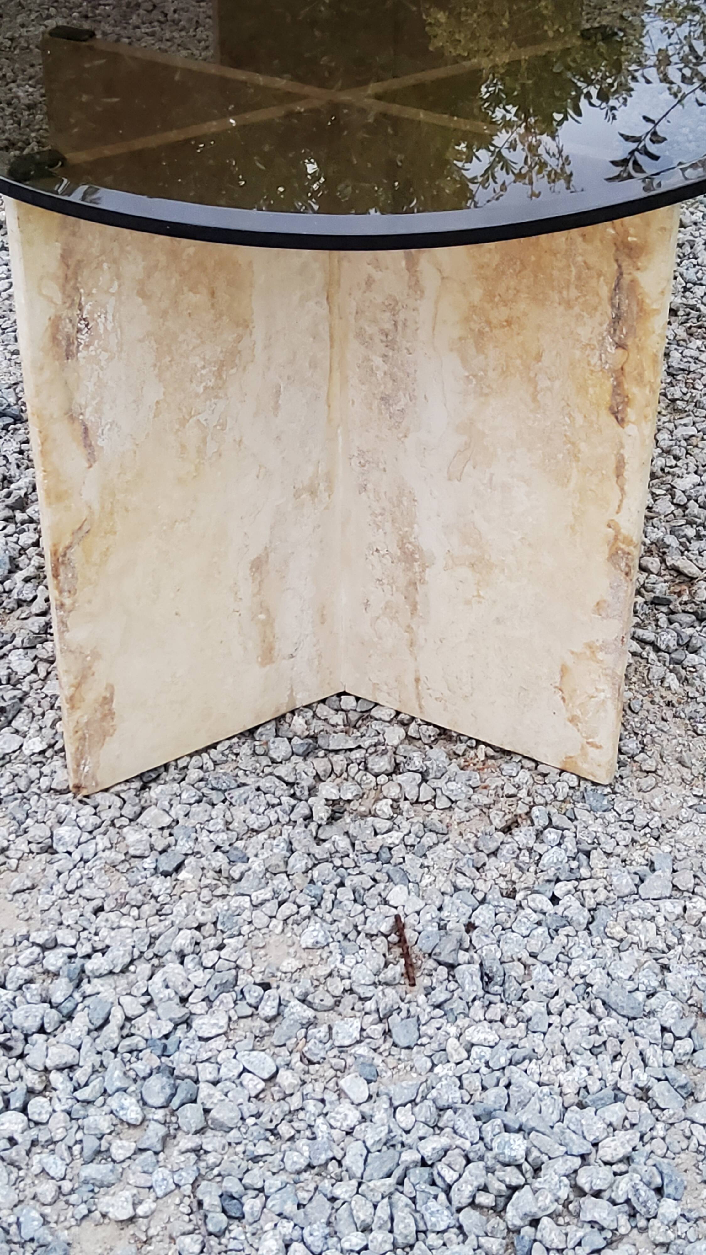 70s travertine and smoked glass designer coffee table