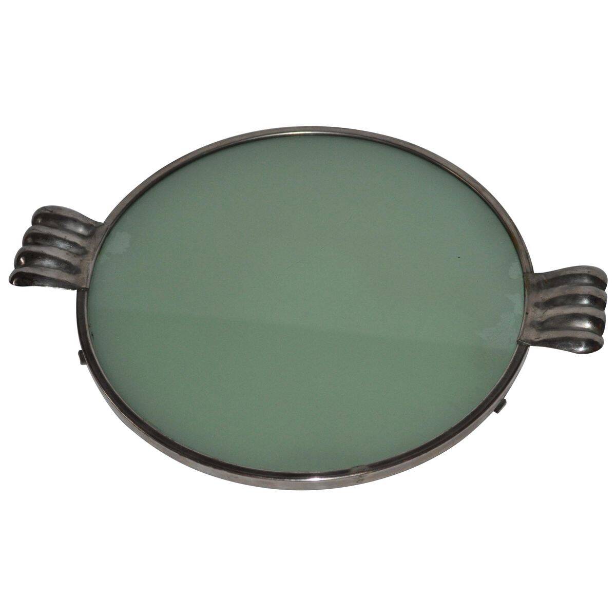 Vintage glass cake stand in green with silver-plated metal frame, porcelain (late 19th century)