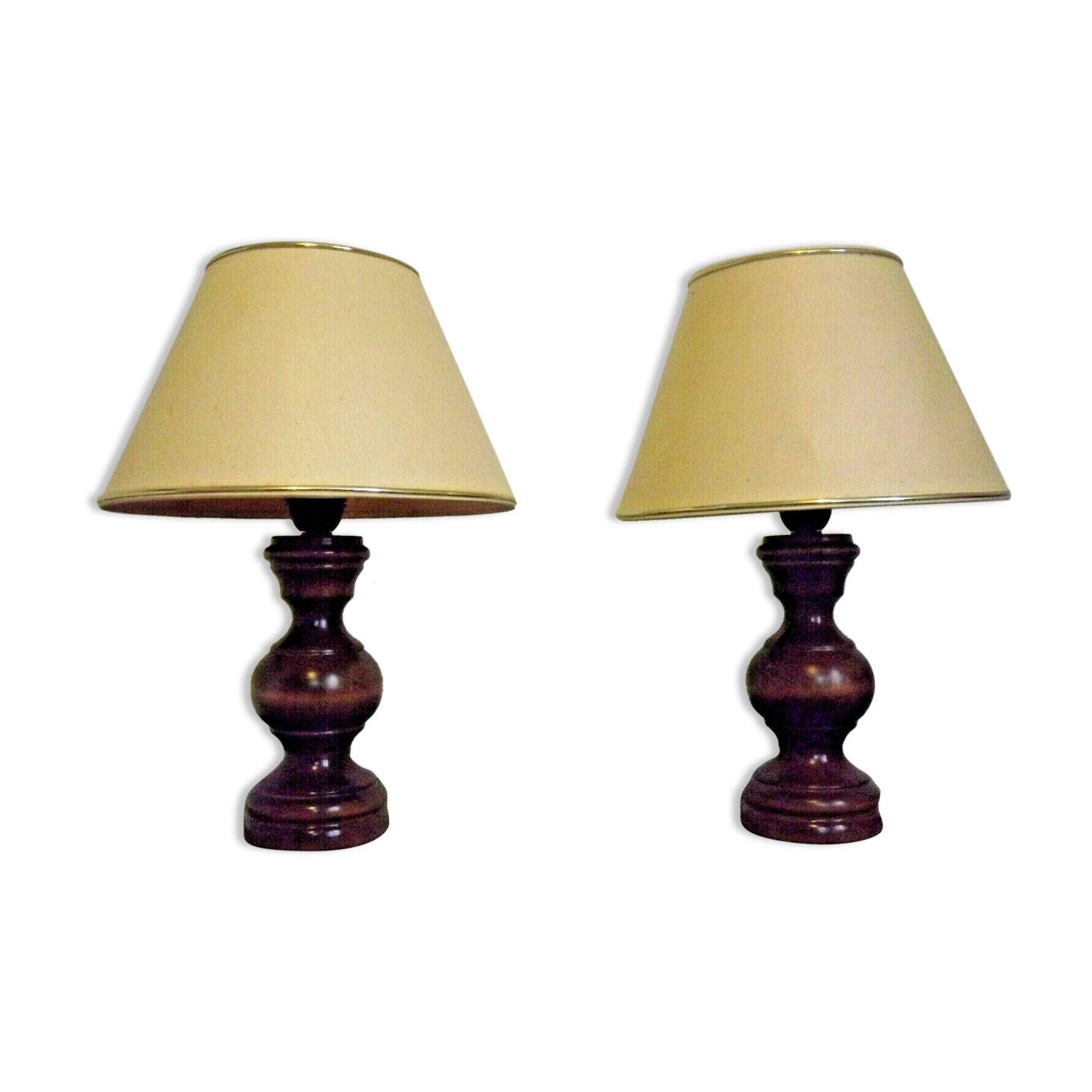Pair French Mid Century Turned Wood Table Lamps With Beige & Gold Shades 3247