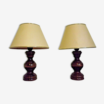 Pair French Mid Century Turned Wood Table Lamps With Beige & Gold Shades 3247