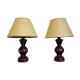 Pair French Mid Century Turned Wood Table Lamps With Beige & Gold Shades 3247