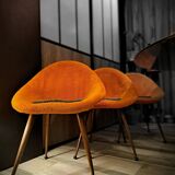 Set of 3 chairs, egg-shaped armchairs with compass legs, 1950