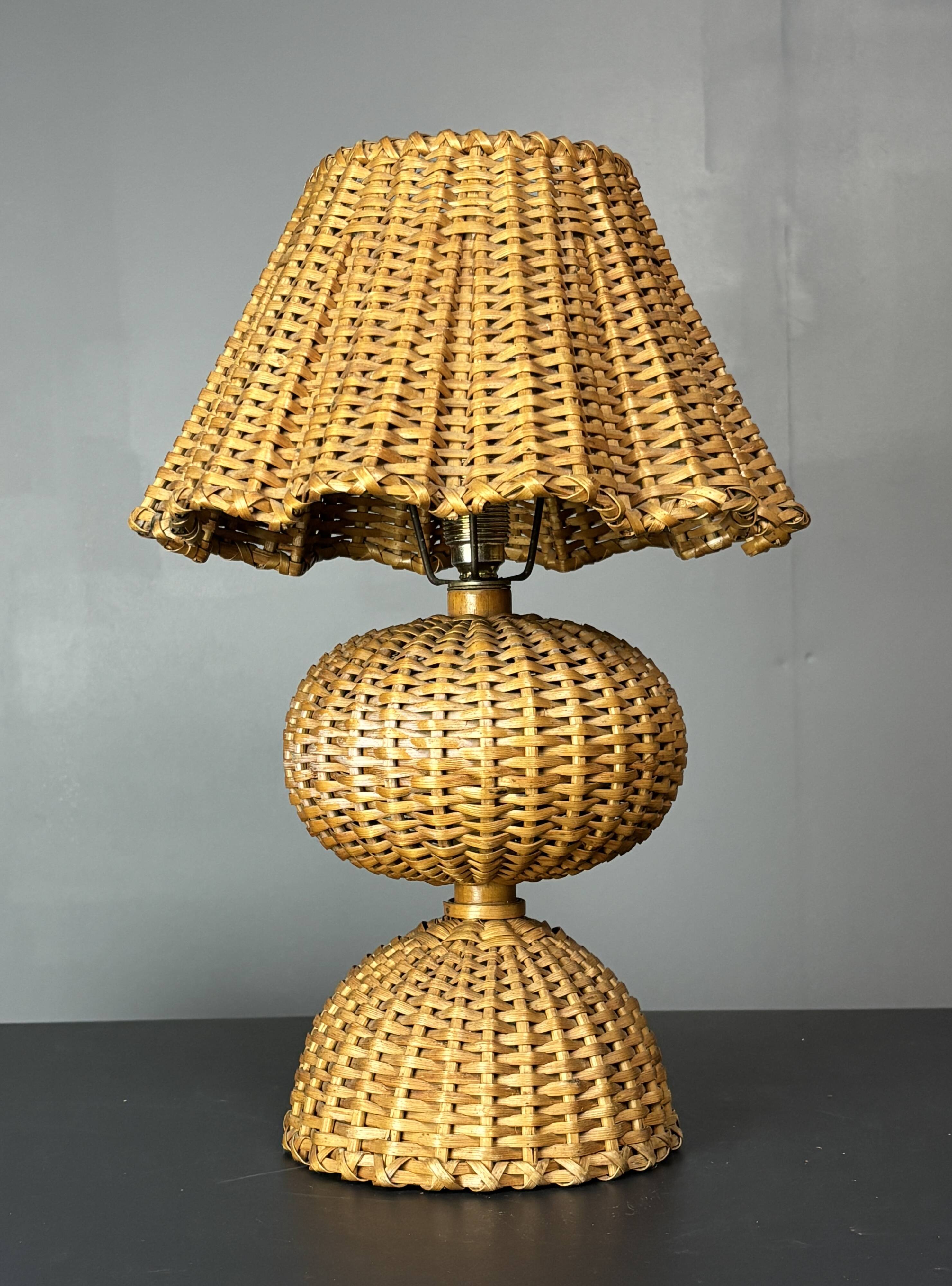 Midcentury rattan wicker mushroom table lamp, 1950s