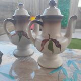 Small vintage stoneware teapot with flower and fruit patterns