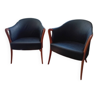 Pair of Umberto Asnago style leather and wood armchairs.