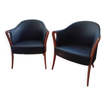 Paire de fauteuil cuir et bois style Umberto Asnago.