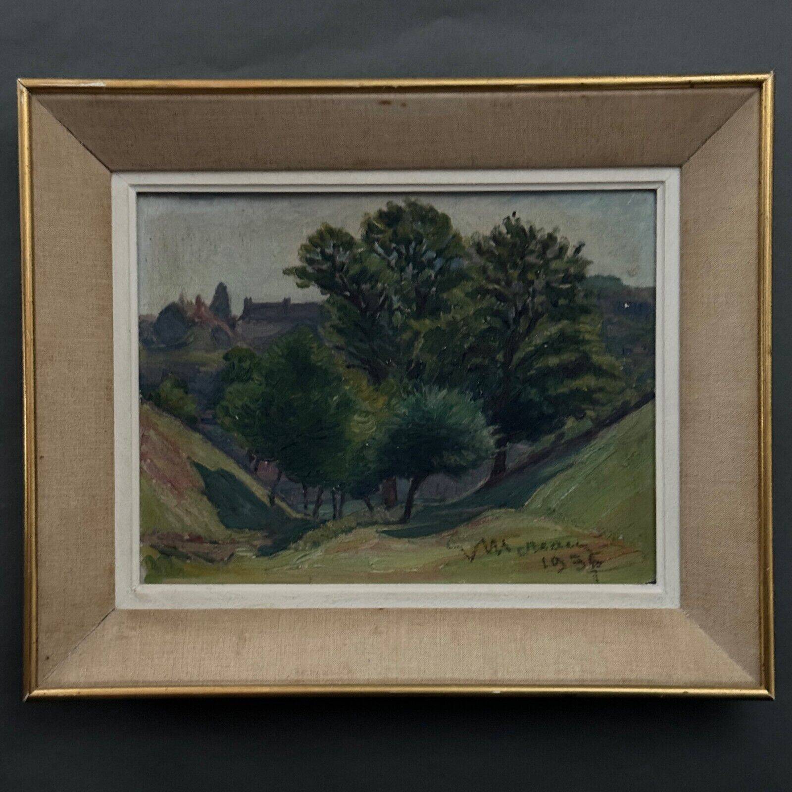 Oil on cardboard by Mereau 1936 representing a grove of trees