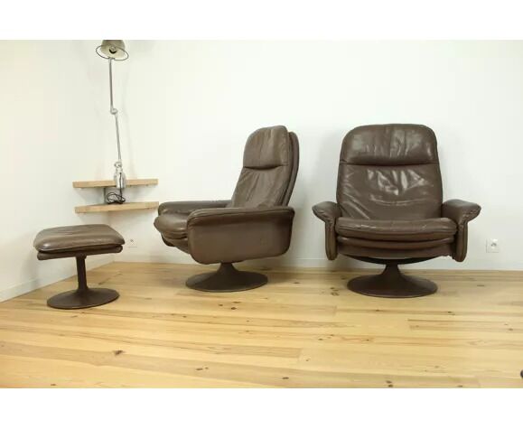 Paire de fauteuils et ottoman DS50 cuir De Sede pied tulipe gainé, rotatifs