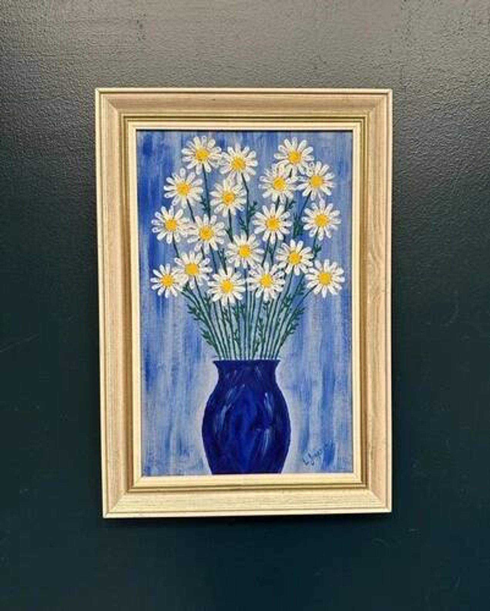 Swedish Oil on Canvas “Blue vase with flowers” by L jonsson Vintage 45x31cm