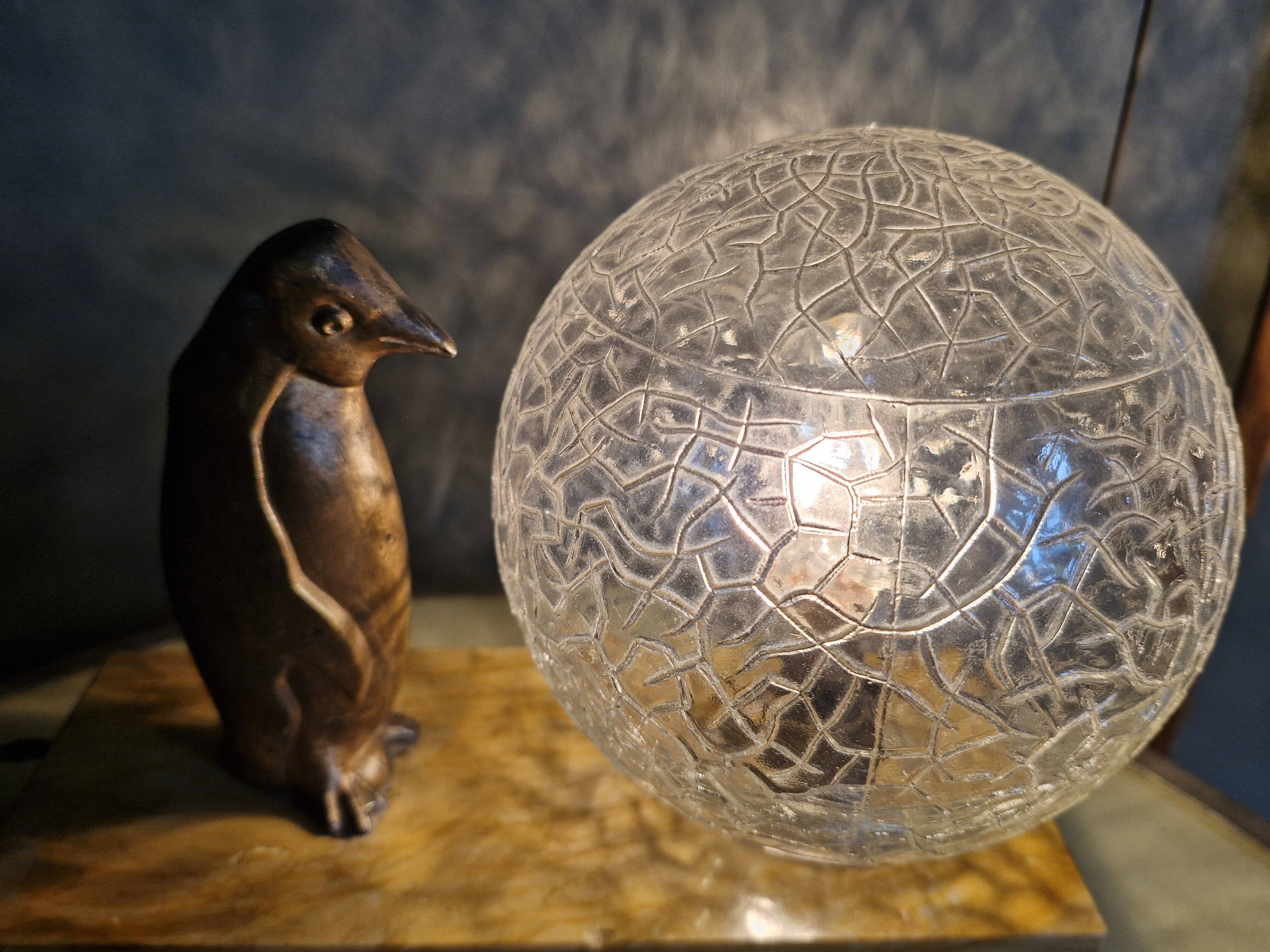 Lamp / Art Deco Night Light Penguin & Cracked Glass Globe on Base