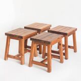 Set of 4 vintage pine stools. France, 1980s