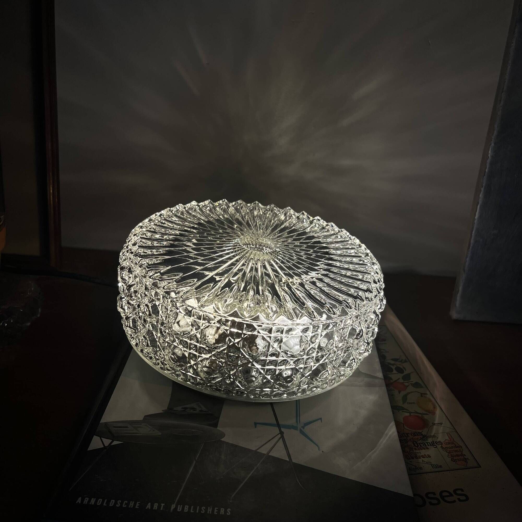 Vintage 1970s round wall light ceiling fixture with transparent glass.