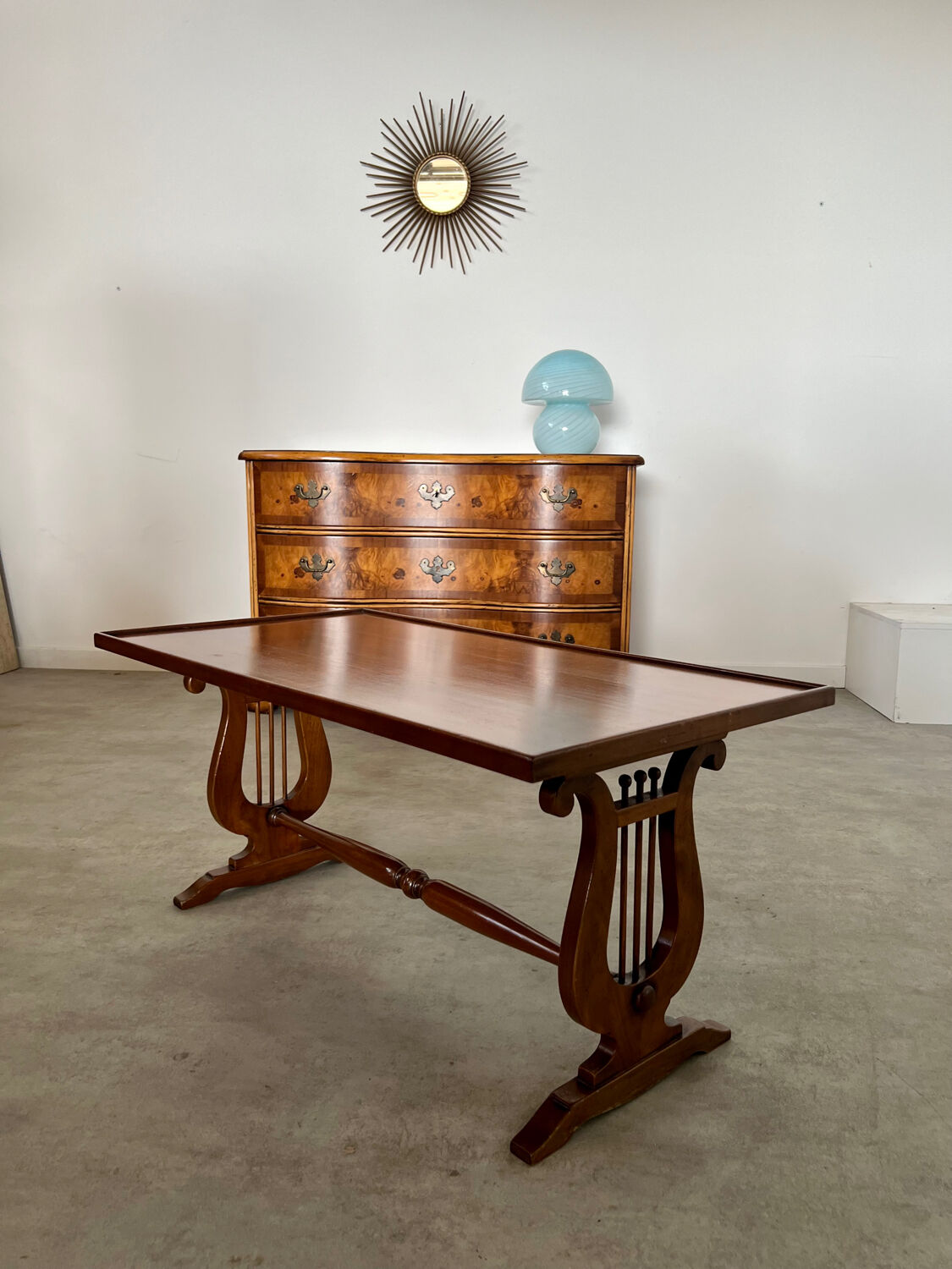 Old rectangular wood coffee table with lyre side posts