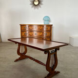 Old rectangular wood coffee table with lyre side posts