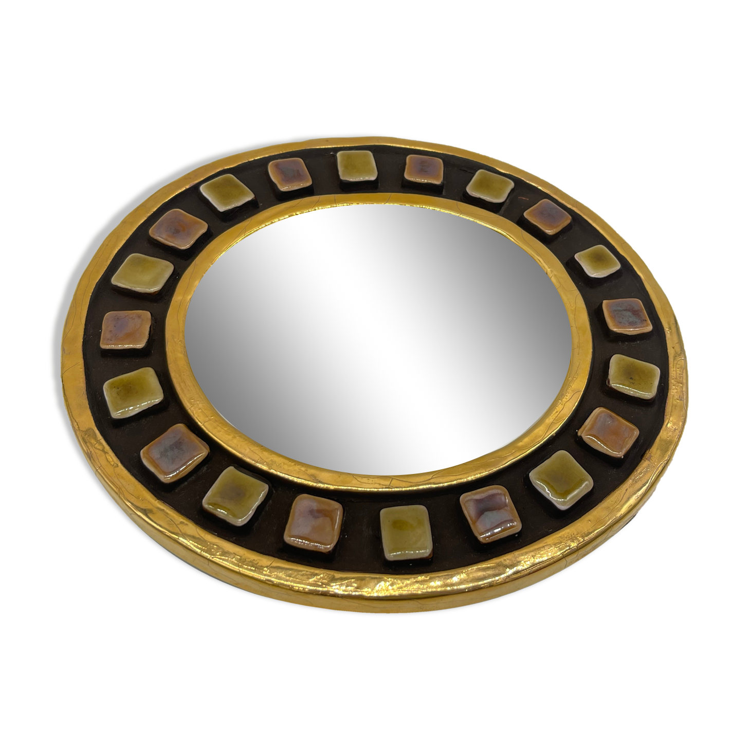 Golden ceramic mirror by Mithé Espelt 1960 24cm