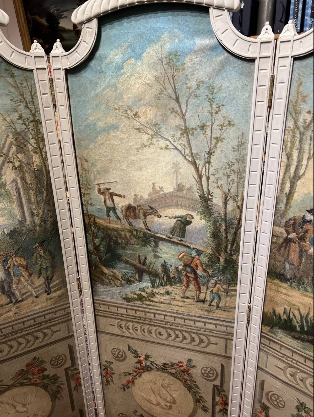 Four-panel screen from the Louis XVI period with rustic decorations.