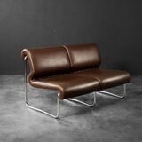 Mid-century modern German vintage canapé lounge, 2-seater, brown steel frame.