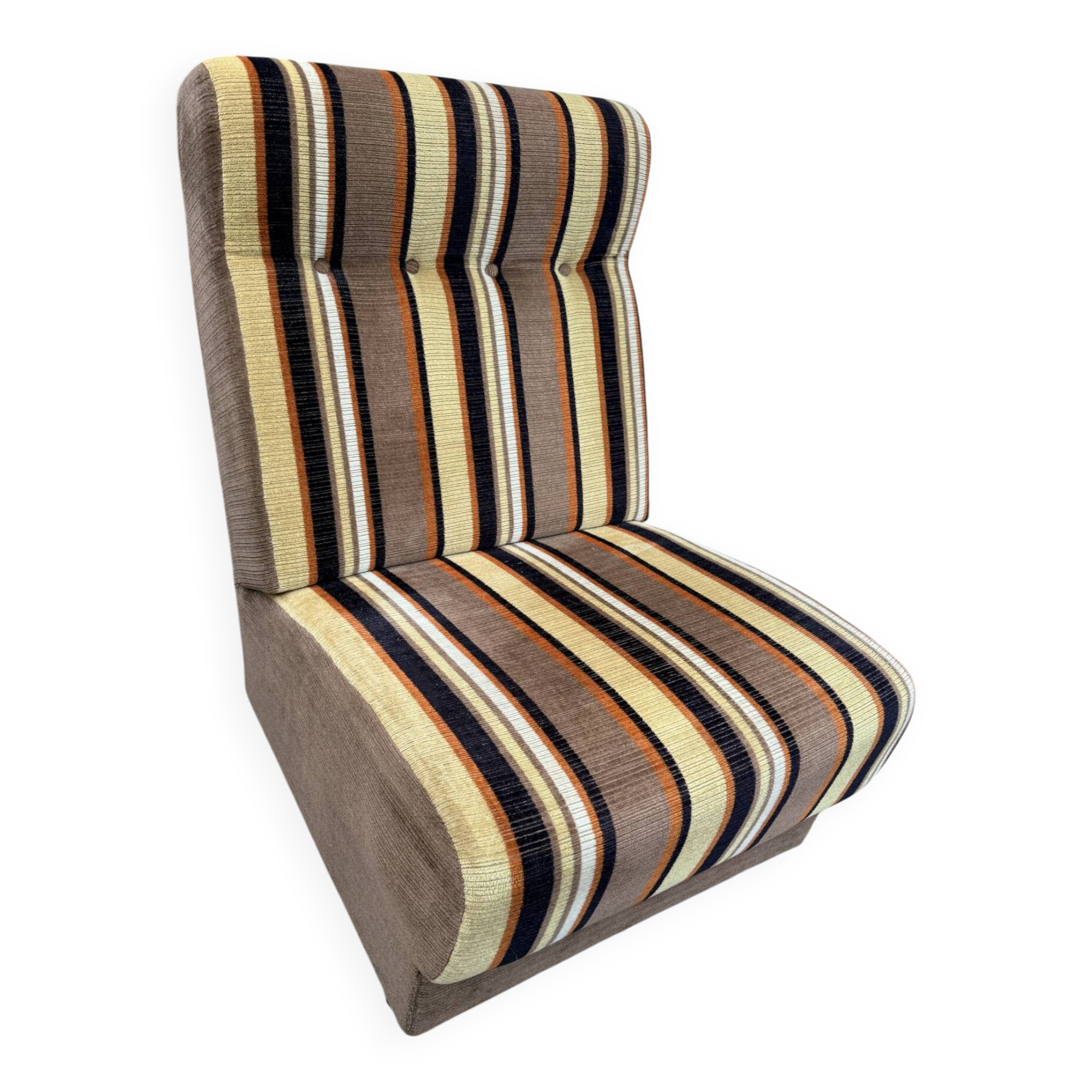 Vintage 1970s lounge chair – striped orange, brown, and cream velvet