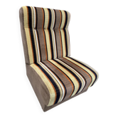 Fauteuil lounge vintage années 70 – velours rayé orange, brun et crème