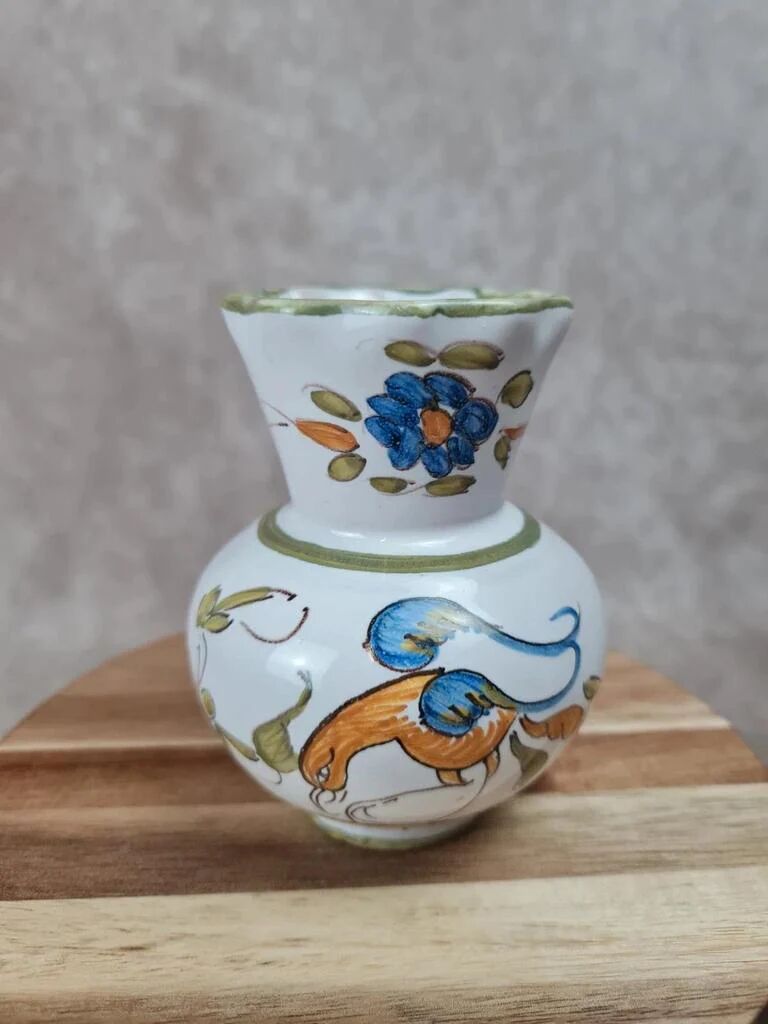 Hand-painted earthenware vase – floral and bird decoration – signed