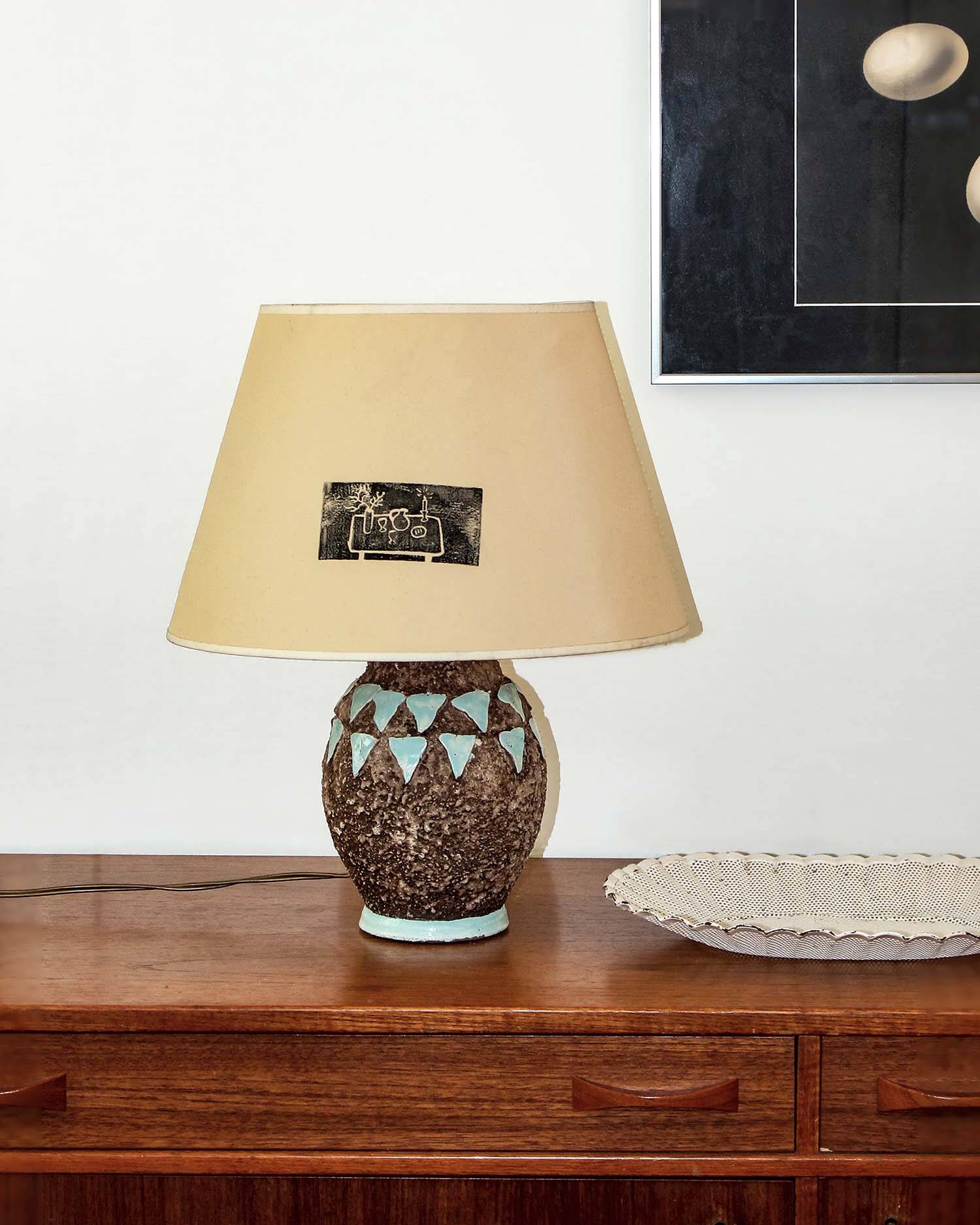 Art Deco ceramic table lamp base with blue patterns, 1920s/30s.