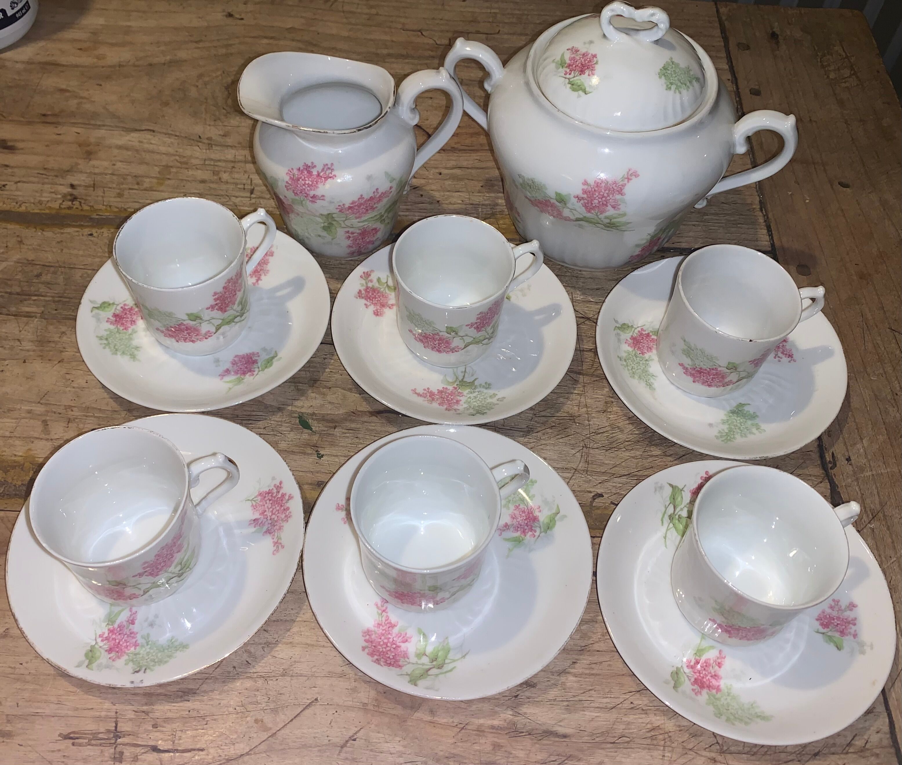 Coffee set six cups Limoges porcelain floral decoration