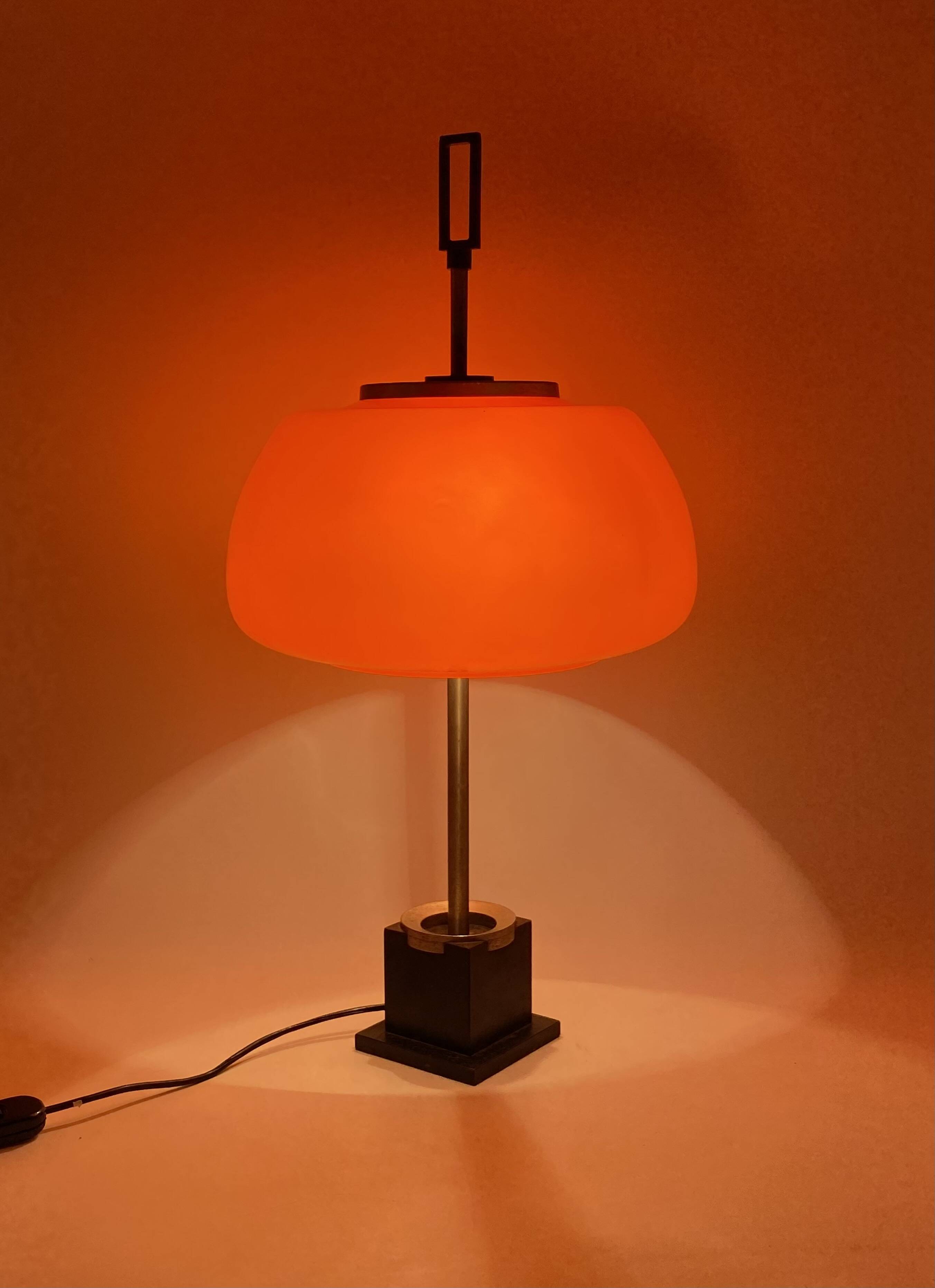 Oscar Torlasco, orange glass table / desk lamp, Prod. Lumi, 1960 ca.
