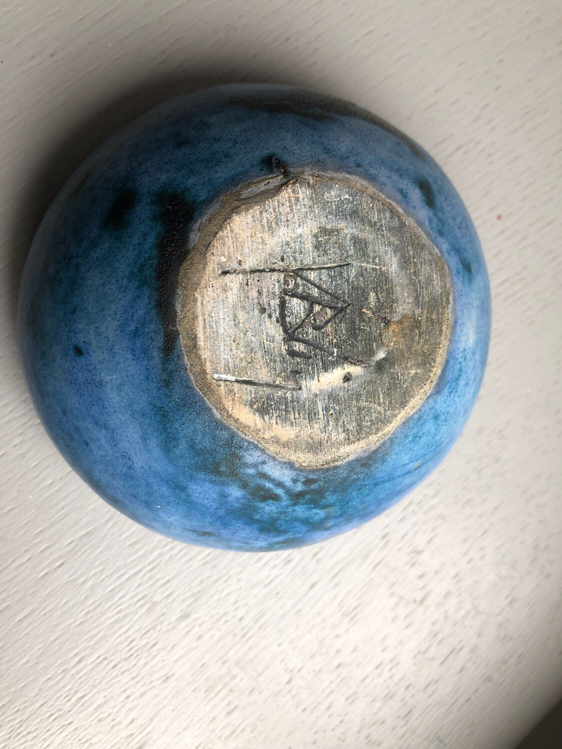 Round blue ceramic cup signed Blin around 1950