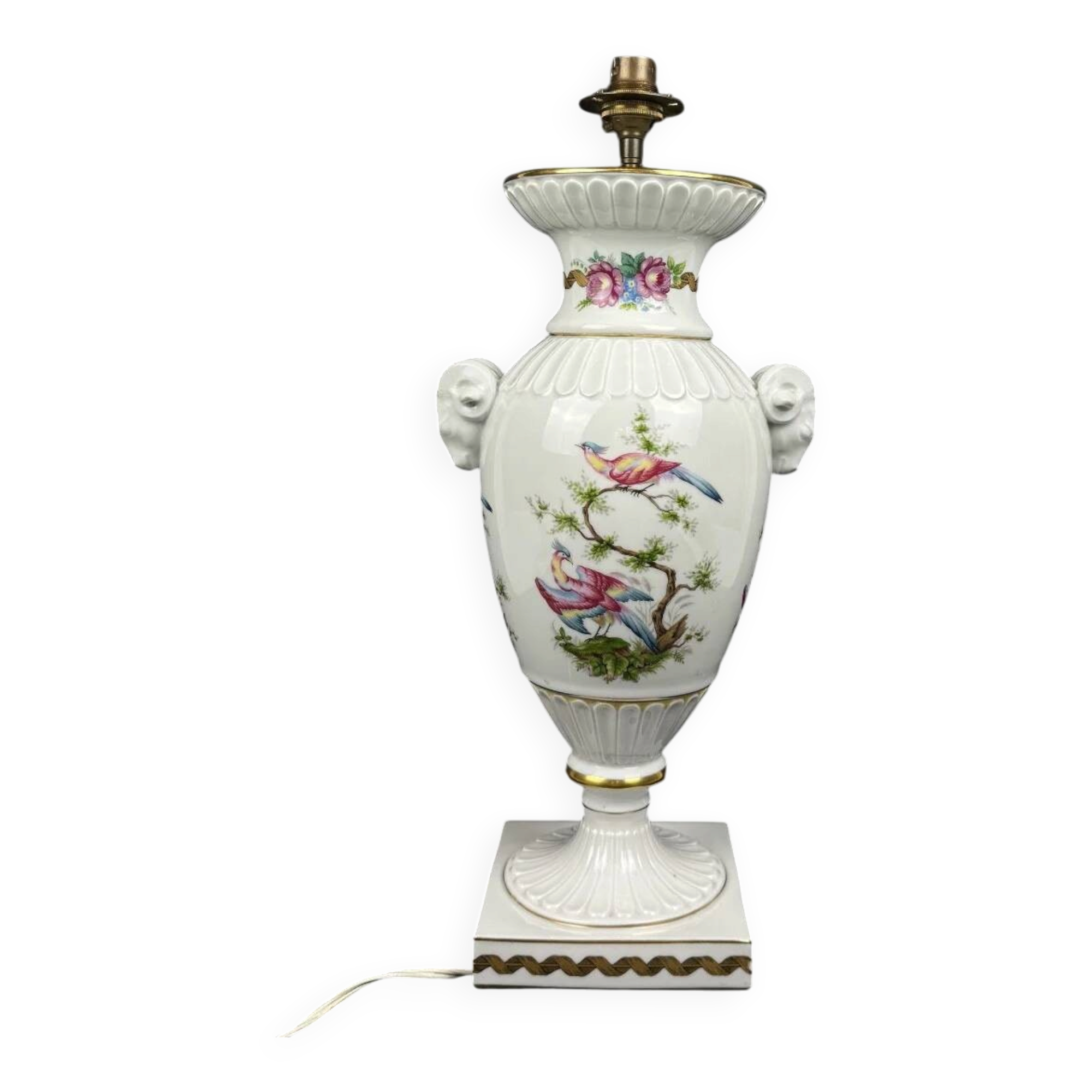 Raynaud Limoges lamp base in porcelain, paradise birds