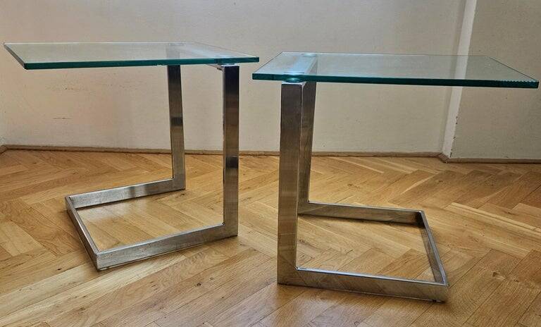 Pair of Midcentury Cantilevered Glass & Chrome Coffee Tables GEBRA, 1980s