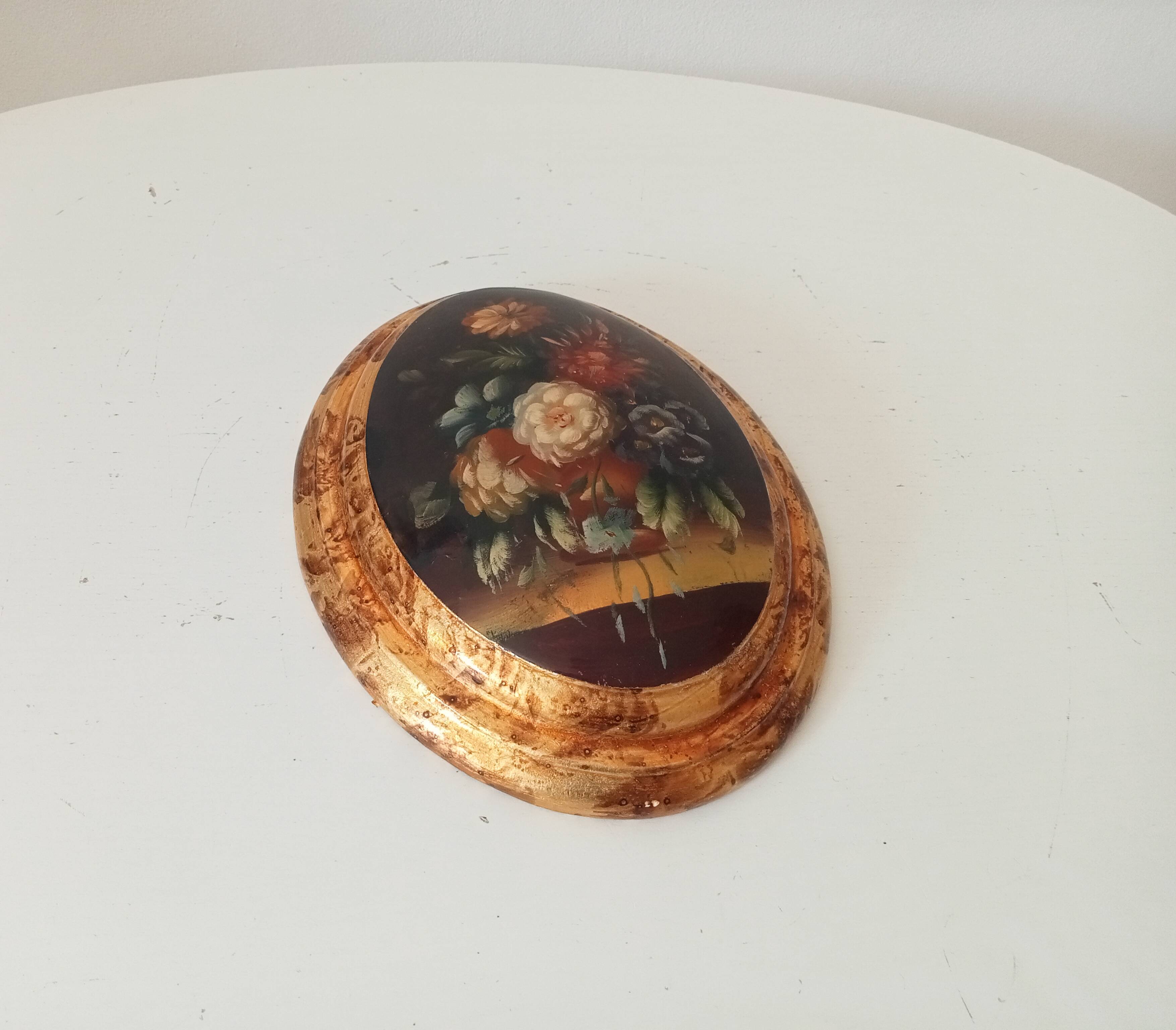 Curved frame still life lithograph on wood