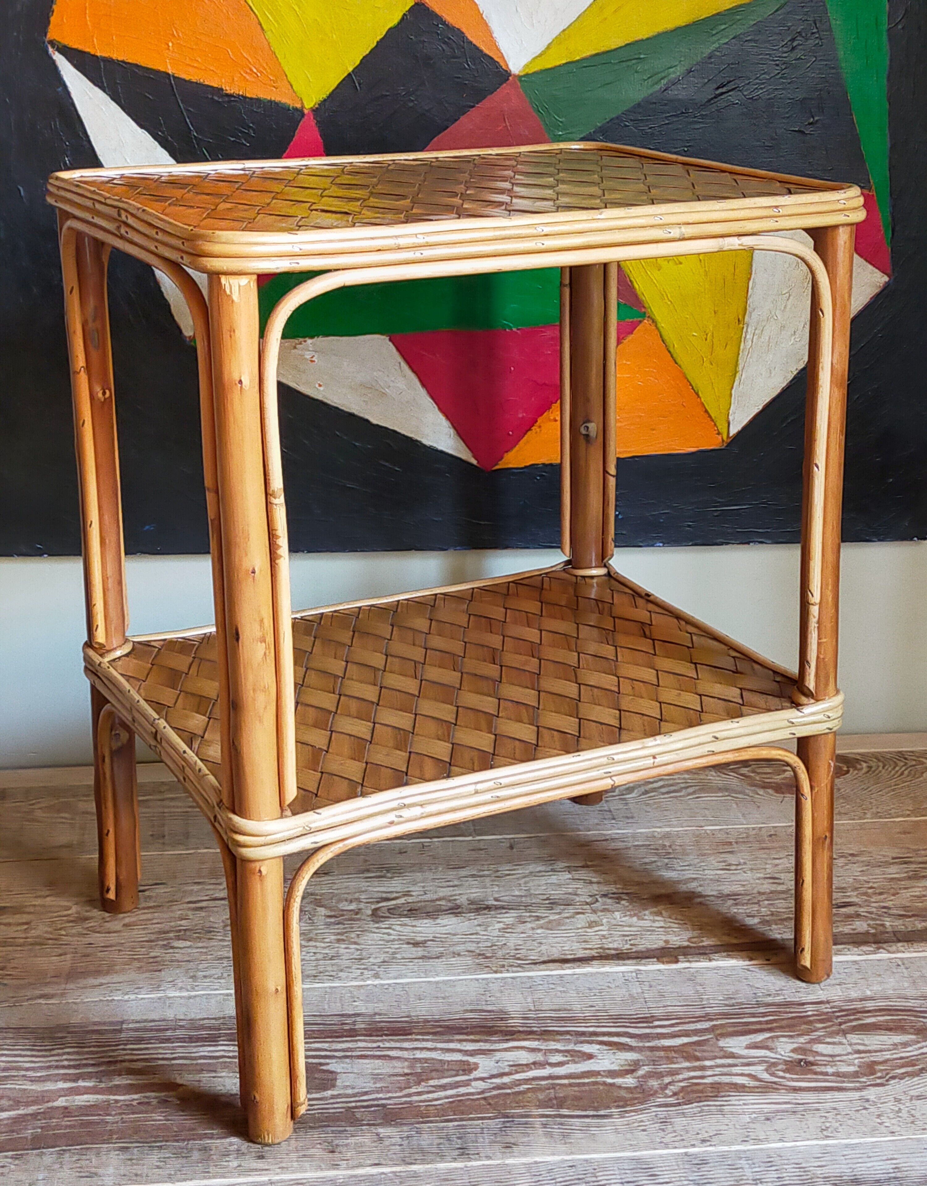 Side service table in wood and rattan 50s
