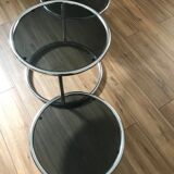 Vintage round coffee table in smoked glass and 3 removable metal trays 1970