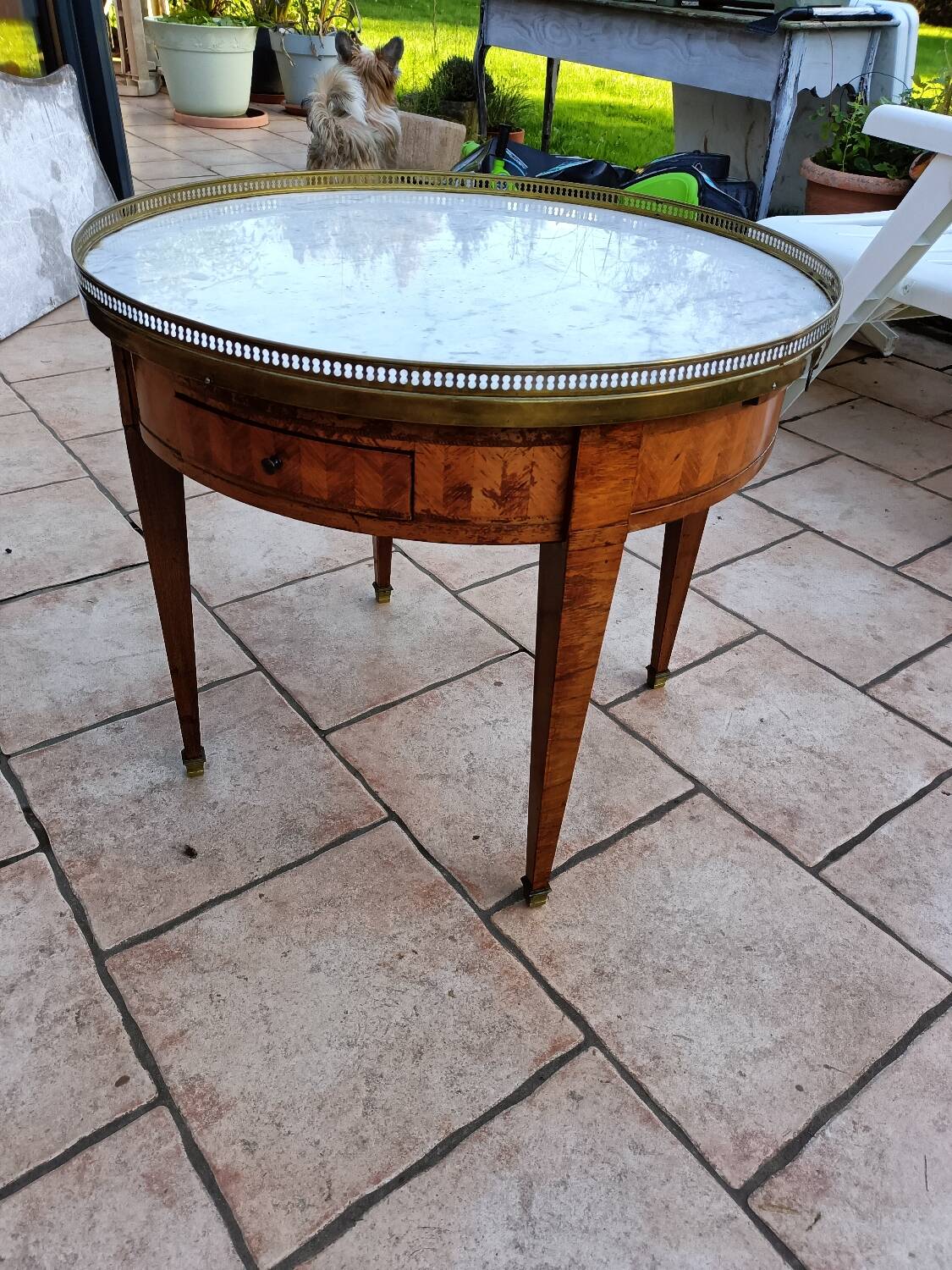 Antique Louis XVI style hot water bottle table with marble top