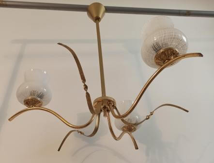 Vintage gold 3-light chandelier and white printed glass