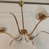 Vintage gold 3-light chandelier and white printed glass